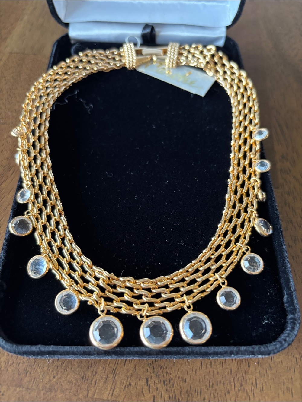 Carolee Gold Multi-Strand Chain Necklace with Clear Stone Drops